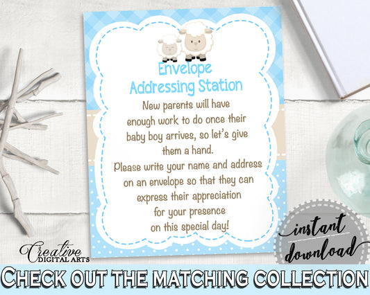 ENVELOPE ADDRESSING STATION sheep baby shower blue sign, little lamb baby boy shower theme, digital files, Jpg Pdf, instant download - fa001