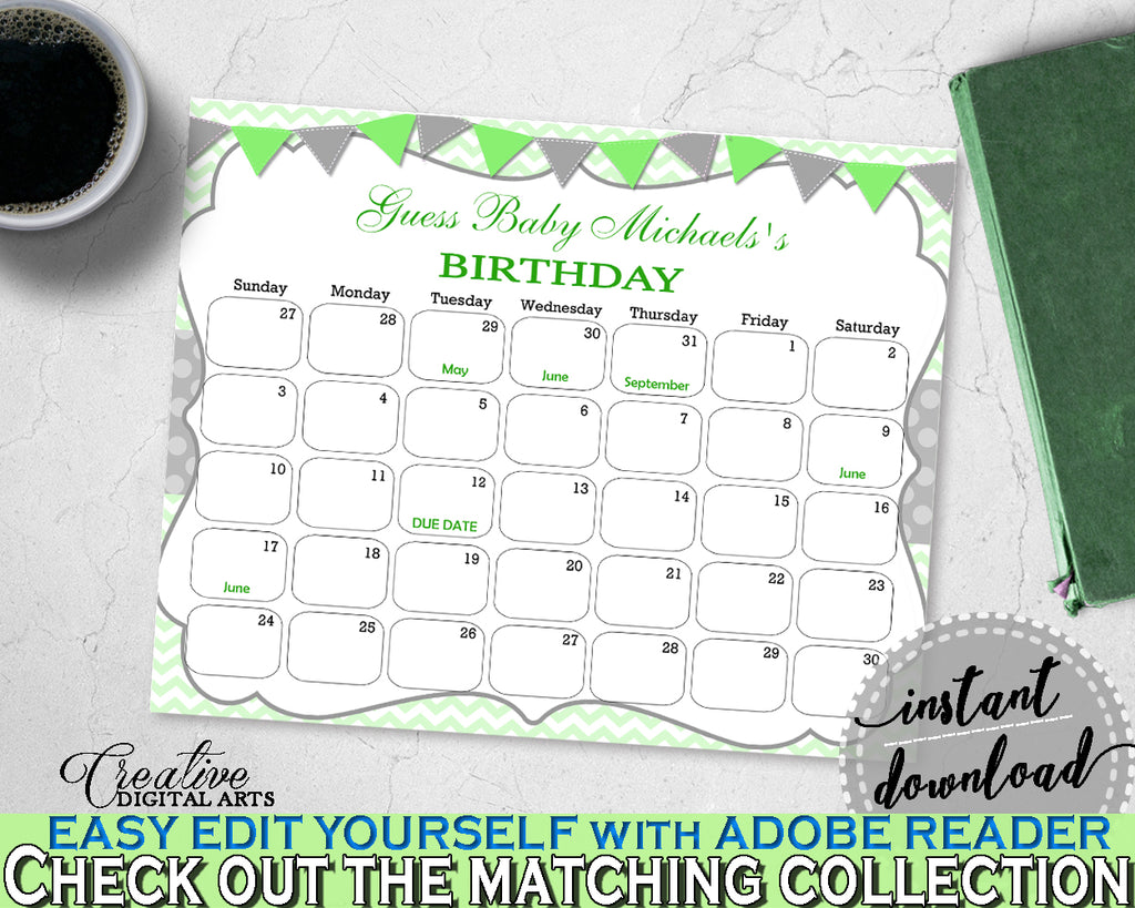 Baby Shower BIRTHDAY PREDICTION due date calendar editable with chevron green theme printable, instant download - cgr01