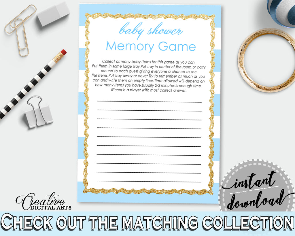 Baby Shower printable MEMORY game with blue and white stripes, glitter gold, digital file jpg pdf, instant download - bs002