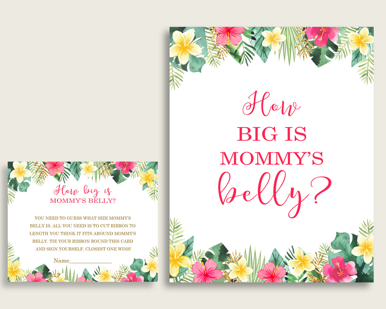 Pink Green How Big Is Mommy's Belly Game, Hawaiian Baby Shower Girl, Guess Mommys Belly Size, Mommy Tummy Game, Instant Download, 955MG