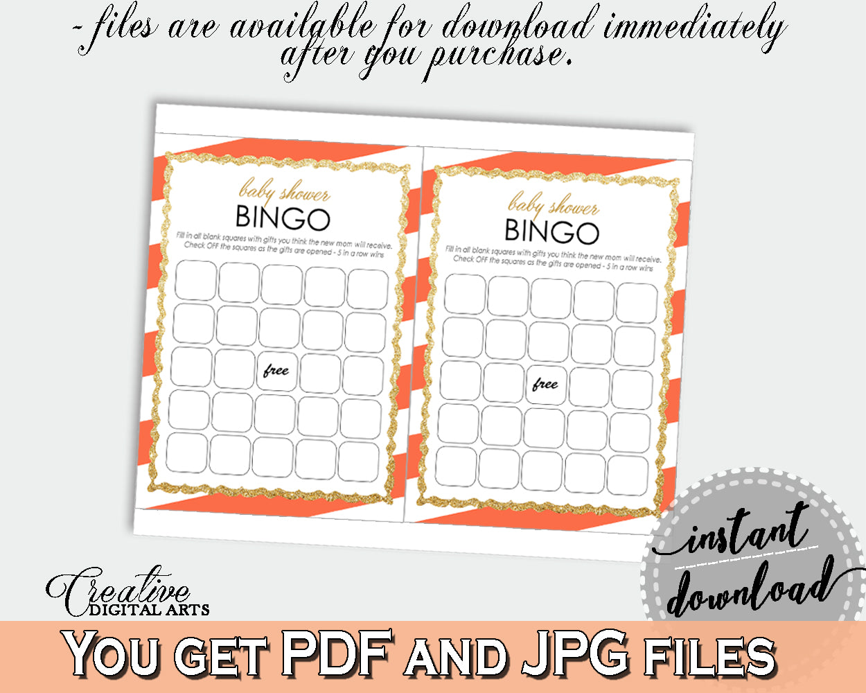 Orange Baby Shower BINGO GIFT game with glitter gold and orange stripes, gender neutral baby shower, Jpg Pdf, instant download - bs003