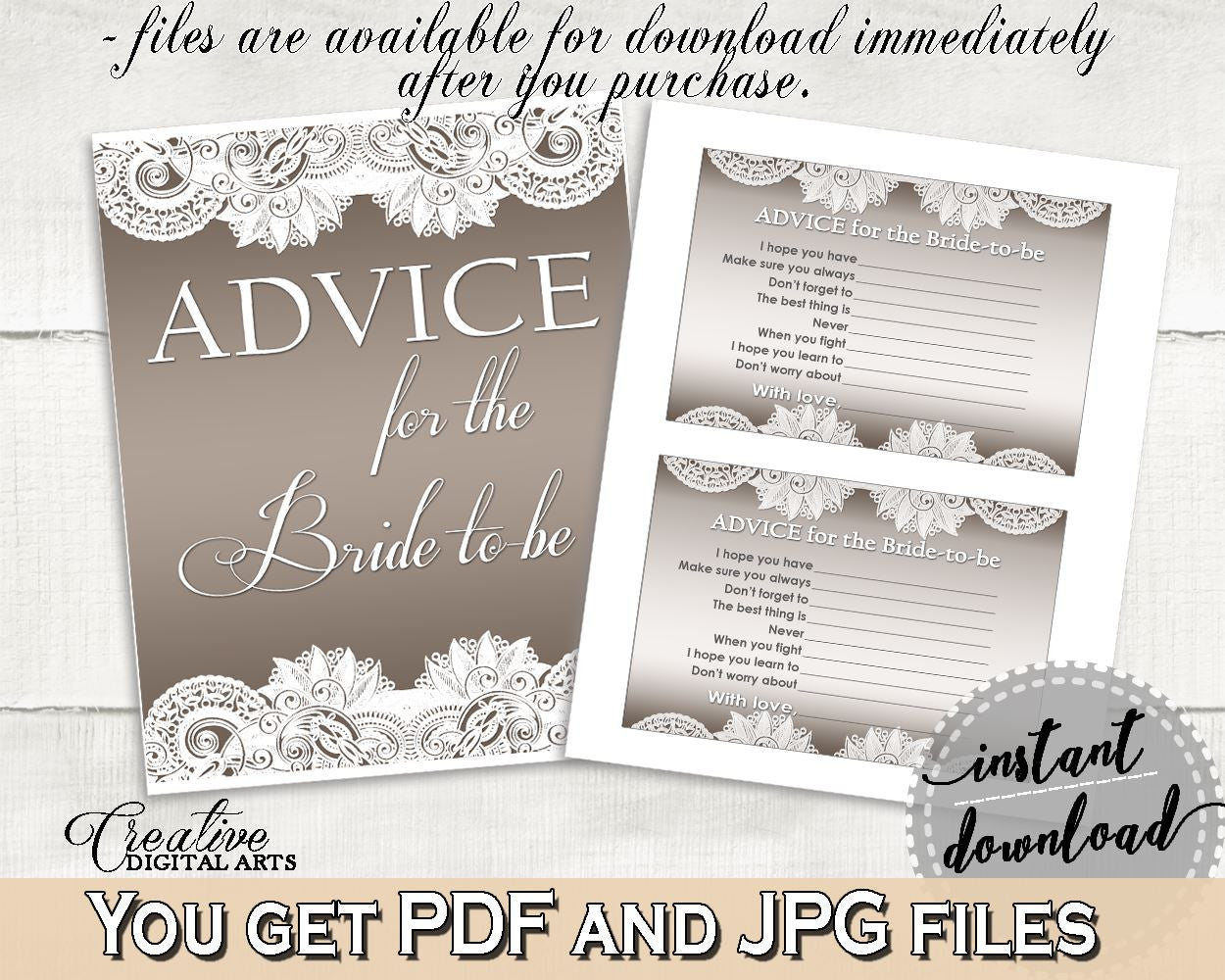 Brown And Silver Traditional Lace Bridal Shower Theme: Advice For The Bride To Be - advice for bride, rustic bridal, party ideas - Z2DRE - Digital Product