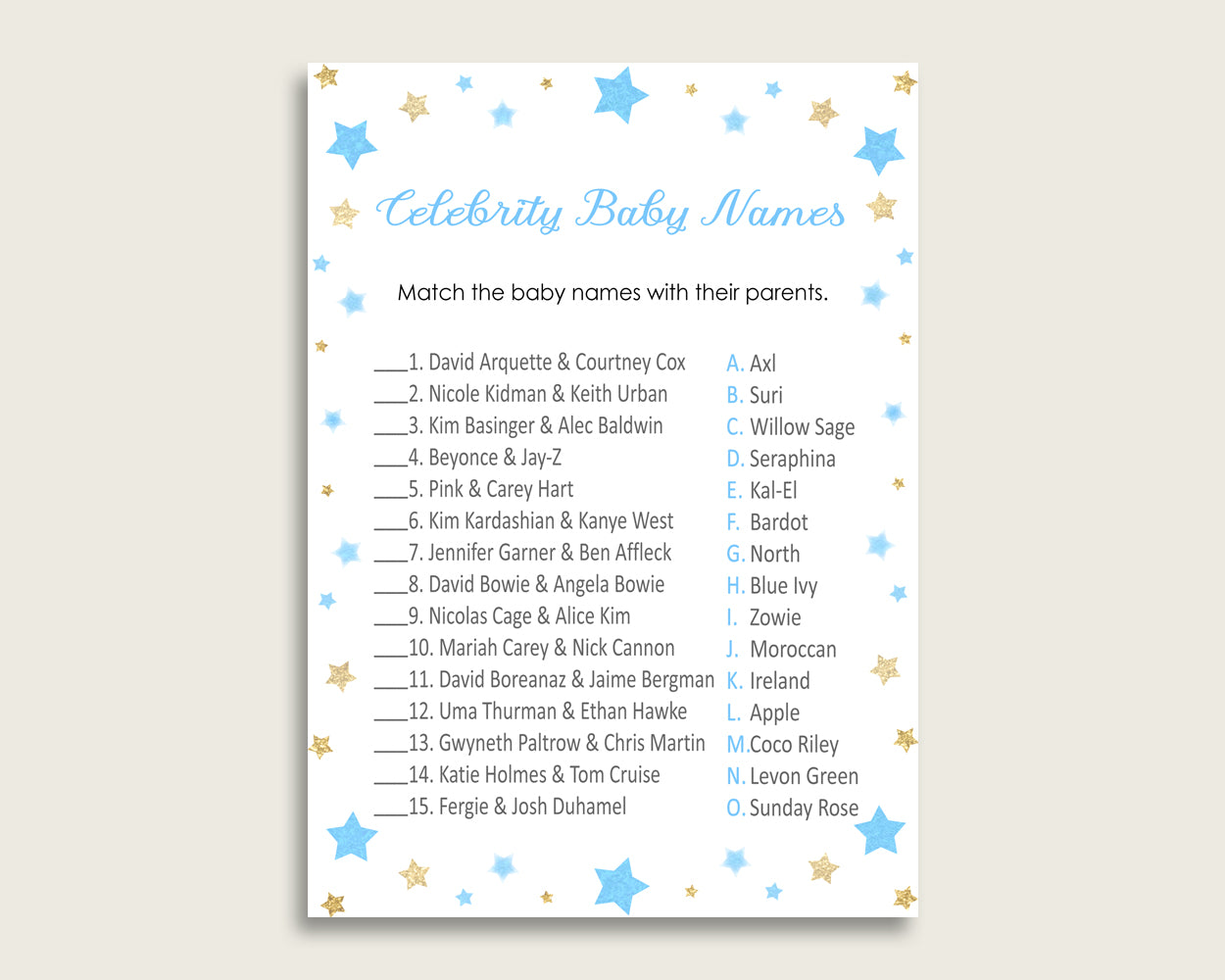 Blue Gold Celebrity Baby Names, Stars Baby Shower Boy Name Game Printable, Celebrity Match Game, Famous Babies Game, Celebrity Parents bsr01