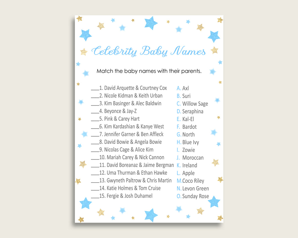 Blue Gold Celebrity Baby Names, Stars Baby Shower Boy Name Game Printable, Celebrity Match Game, Famous Babies Game, Celebrity Parents bsr01