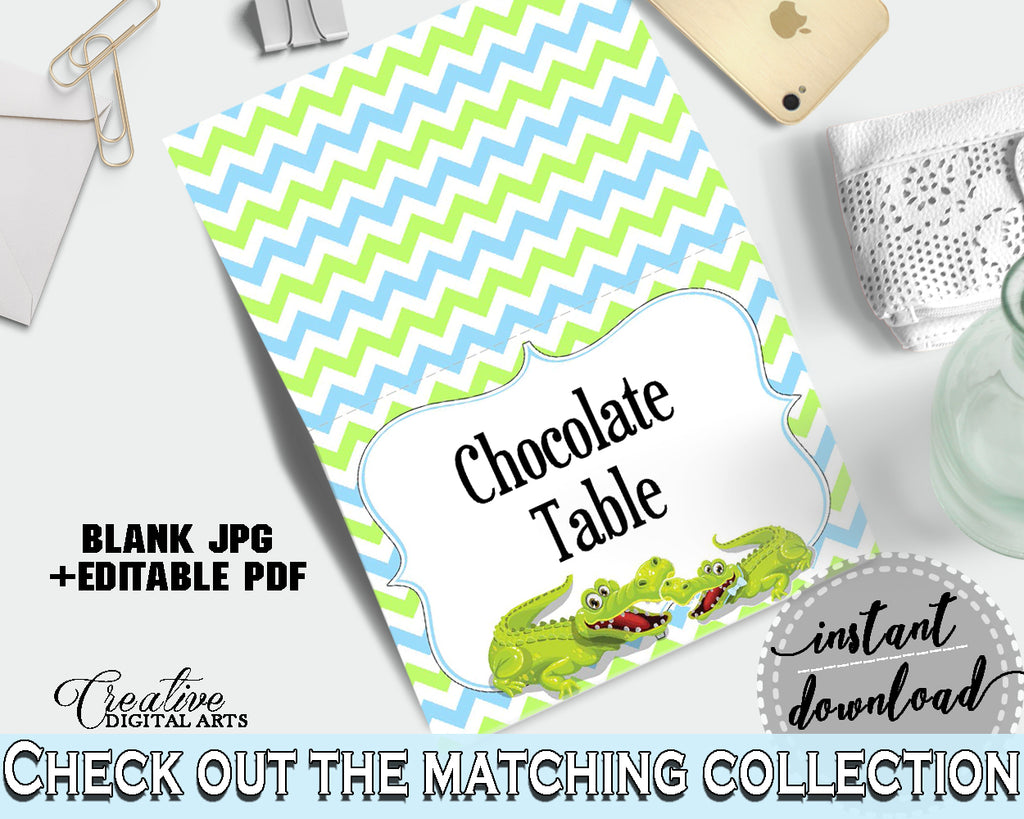 Baby shower PLACE CARDS or FOOD TENTS editable printable with green alligator and blue color theme for boy, instant download - ap002