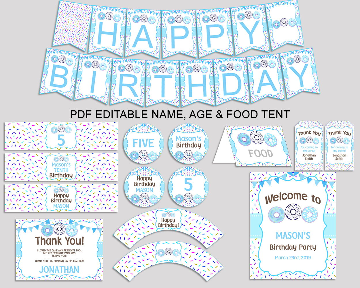 Donut Birthday Party Package, Donut Decorations Editable Set Blue White, Birthday Kit Printable for Boy 4X9CJ