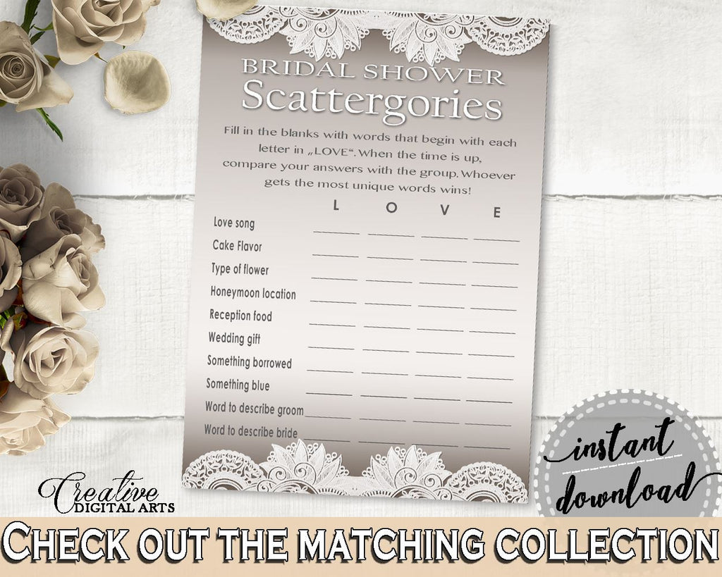 Scattergories Game in Traditional Lace Bridal Shower Brown And Silver Theme, love scattergories, elegant bridal, customizable files - Z2DRE - Digital Product