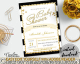 Baby Shower INVITATION editable Pdf with black white strips color theme, digital Jpg included, instant download - bs001