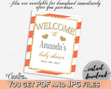 Baby Shower WELCOME sign editable with glitter gold and orange stripes theme printable, digital files, pdf jpg, instant download - bs003