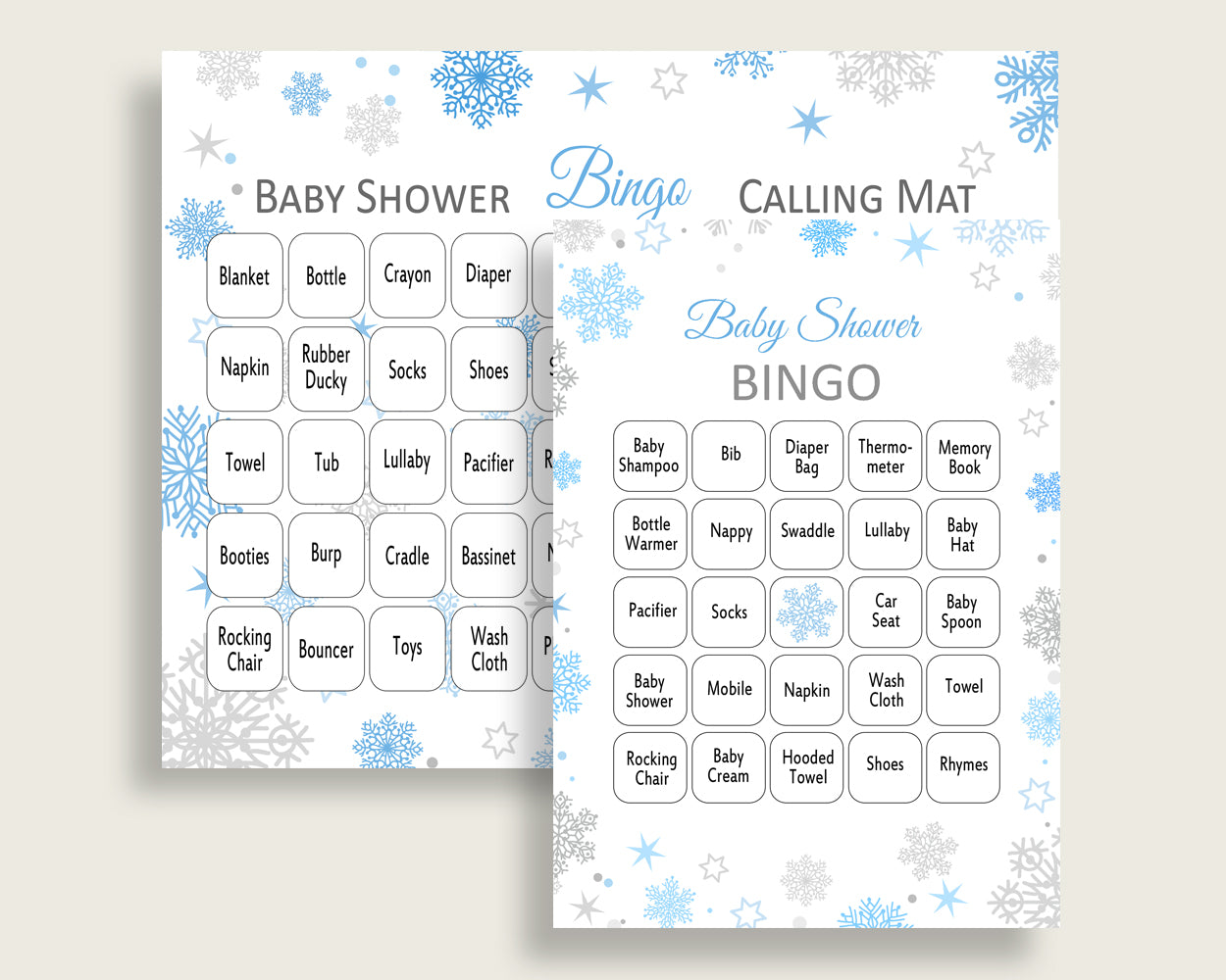 Bingo Baby Shower Bingo Snowflake Baby Shower Bingo Blue Gray Baby Shower Snowflake Bingo customizable files party theme printable NL77H