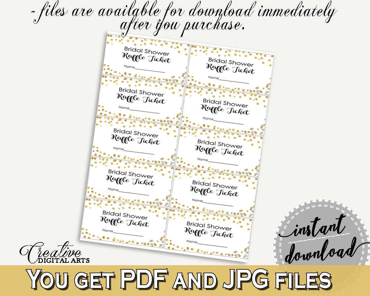 Raffle Ticket Bridal Shower Raffle Ticket Confetti Bridal Shower Raffle Ticket Bridal Shower Confetti Raffle Ticket Gold White party CZXE5 - Digital Product