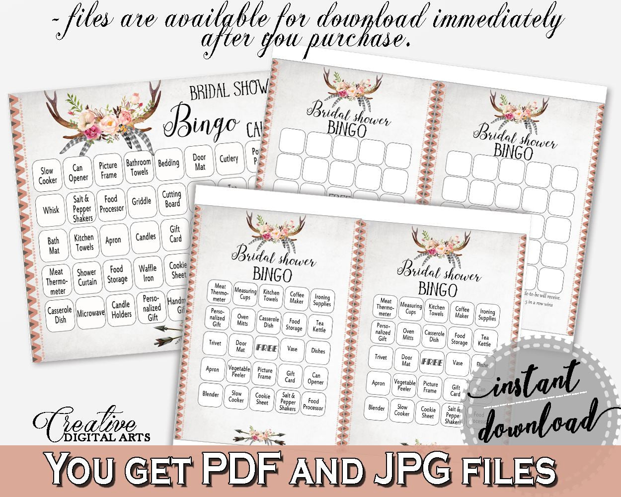 Bingo 60 Cards in Antlers Flowers Bohemian Bridal Shower Gray and Pink Theme, filled bingo, boho rustic shower, party plan, prints - MVR4R - Digital Product