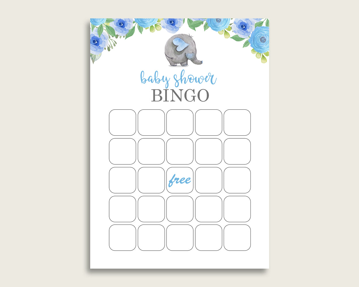 Blue Gray Baby Shower Bingo Blank Game Printable, Elephant Blue Baby Shower Boy Bingo Blank Cards, Bingo Gift Opening Game, Flowers ebl01