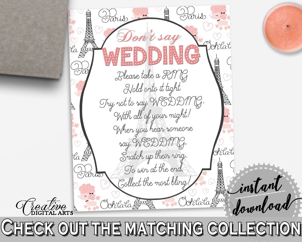 Don't Say Wedding Game in Paris Bridal Shower Pink And Gray Theme, the word wedding, ooh la la shower, prints, digital print - NJAL9 - Digital Product