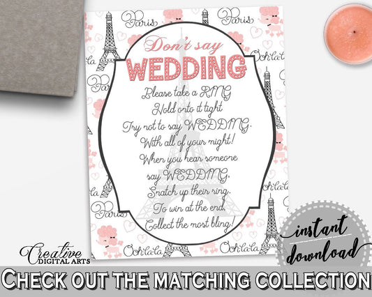 Don't Say Wedding Game in Paris Bridal Shower Pink And Gray Theme, the word wedding, ooh la la shower, prints, digital print - NJAL9 - Digital Product