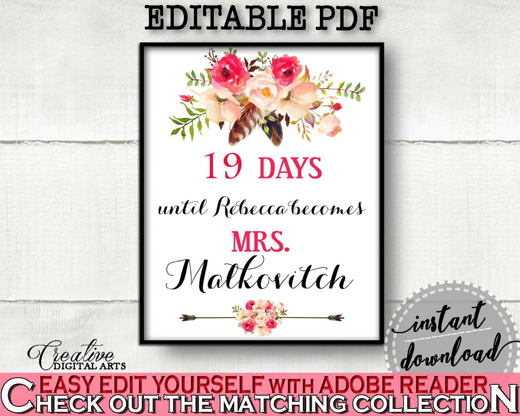 Pink And Red Bohemian Flowers Bridal Shower Theme: Days Until Becomes - becoming mrs, feathers theme, party organizing, party plan - 06D7T - Digital Product