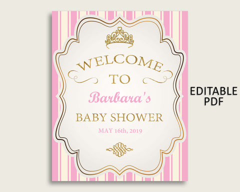 Pink Gold Royal Princess Baby Shower Welcome Sign Printable, Party Large Sign, Editable Welcome Sign Girl, Yard Sign, Instant rp002