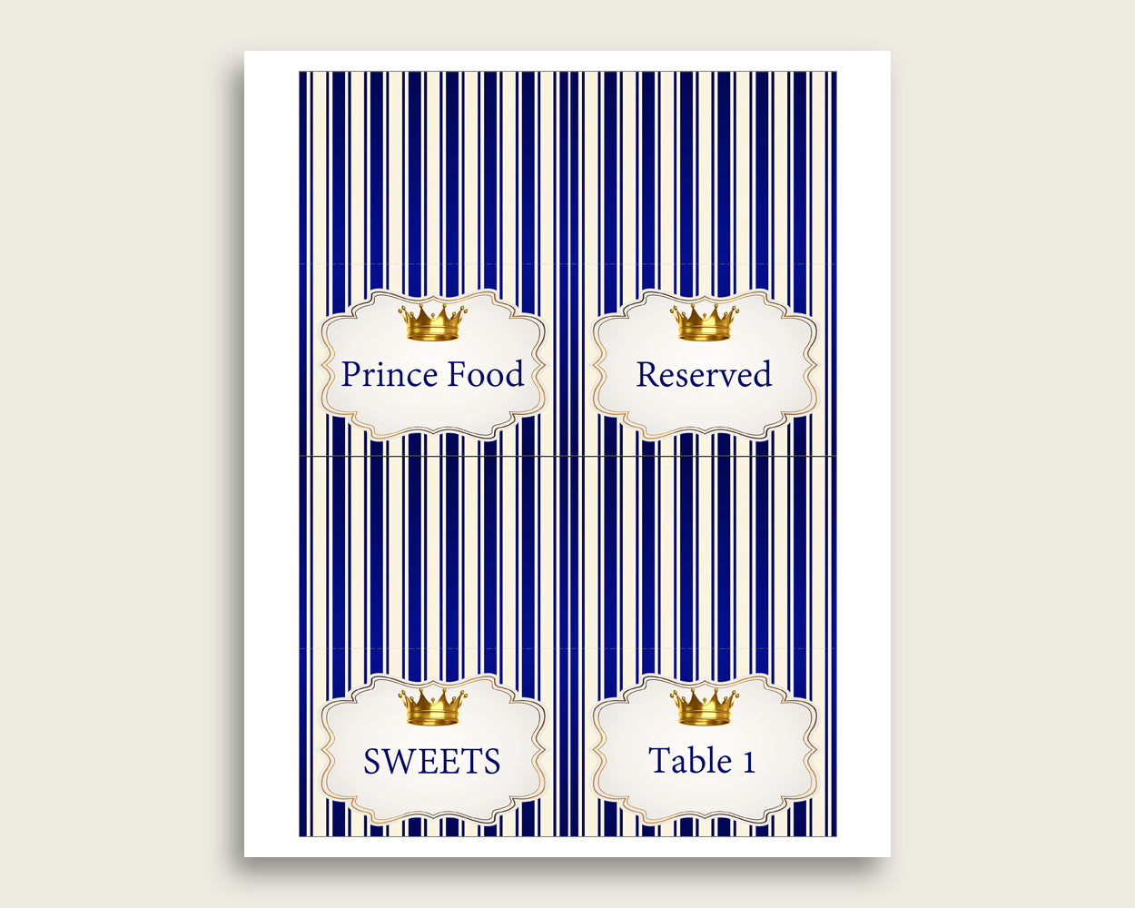 Royal Prince Folded Food Tent Cards Printable, Blue Gold Editable Pdf Buffet Labels, Boy Baby Shower Food Place Cards, Instant rp001