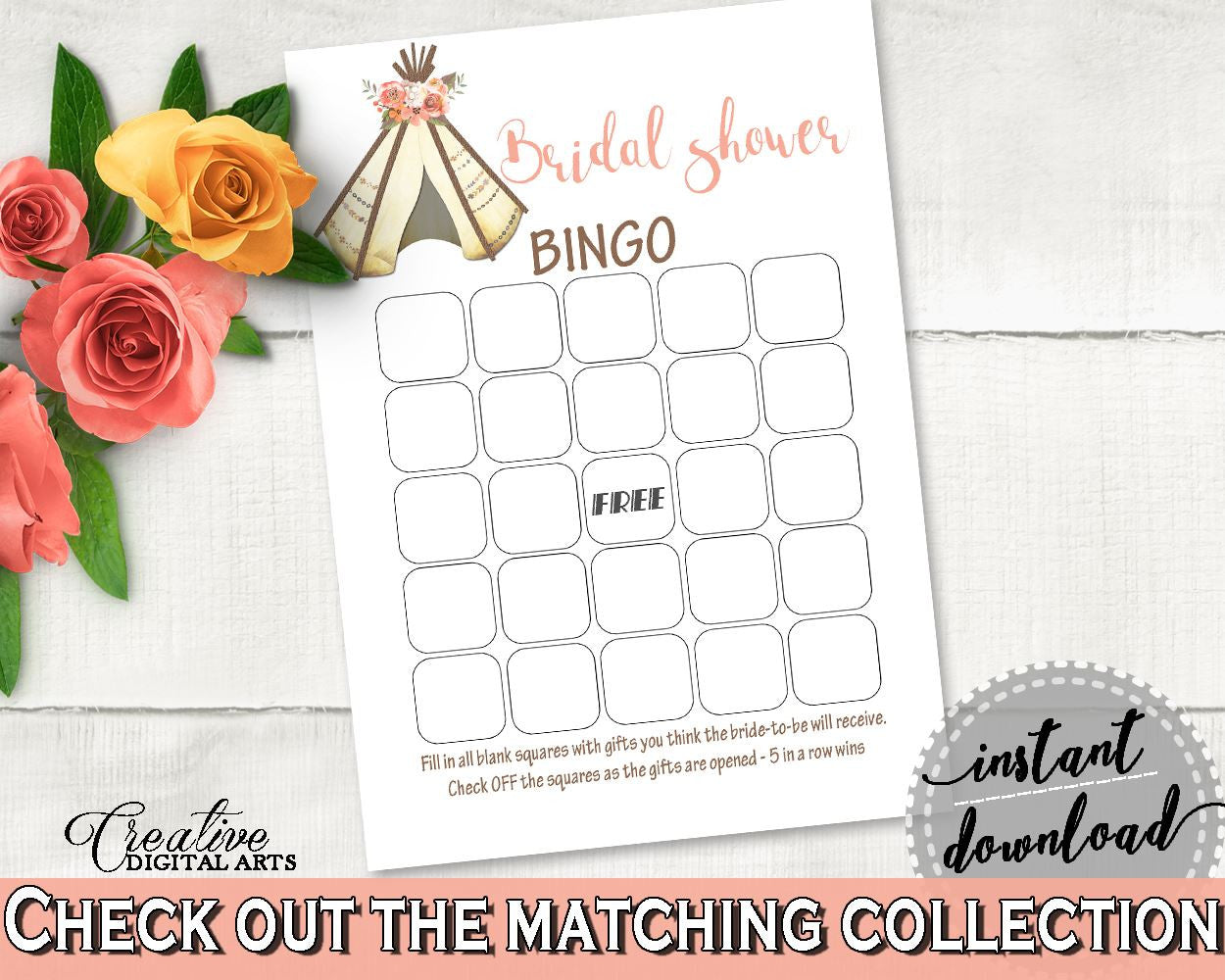 Empty Bingo Bridal Shower Empty Bingo Tribal Bridal Shower Empty Bingo Bridal Shower Tribal Empty Bingo Pink Brown party ideas - 9ENSG - Digital Product