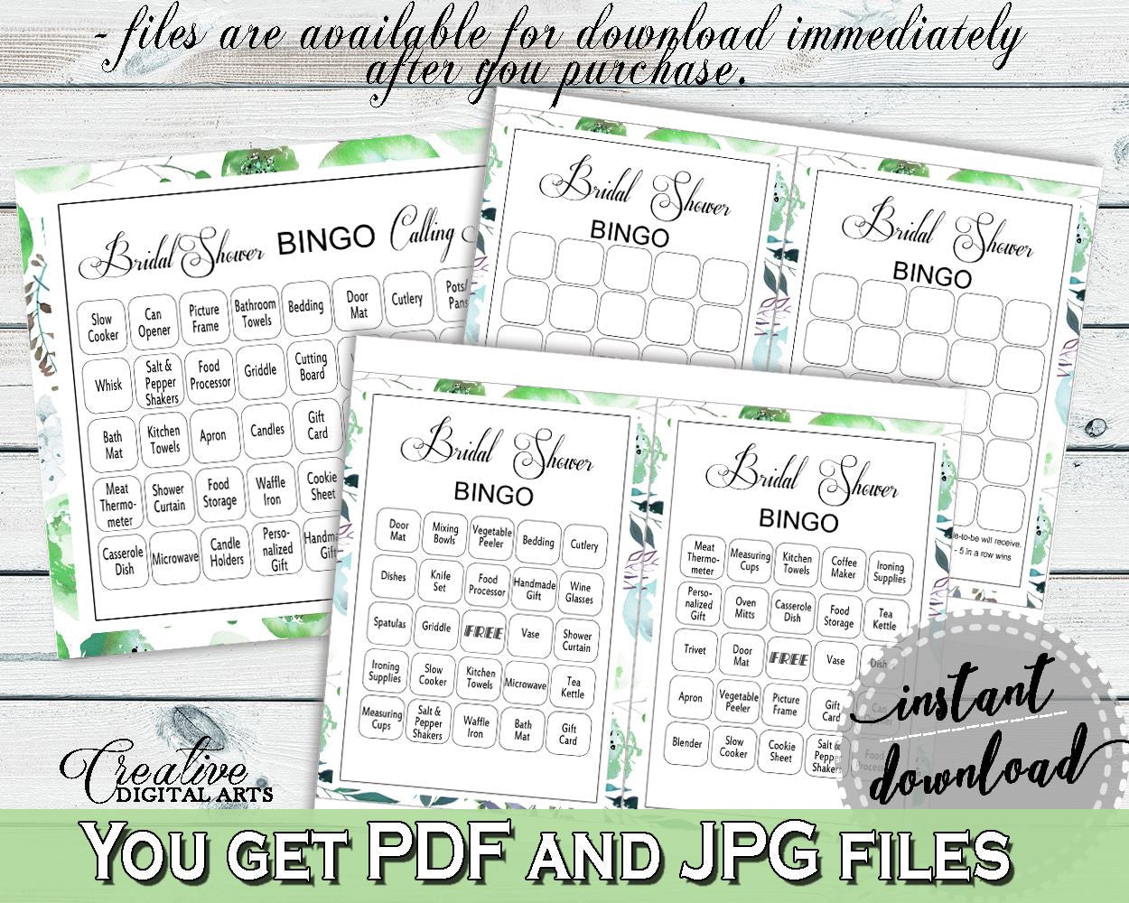 Bingo Bridal Shower Bingo Botanic Watercolor Bridal Shower Bingo Bridal Shower Botanic Watercolor Bingo Green White digital print 1LIZN - Digital Product