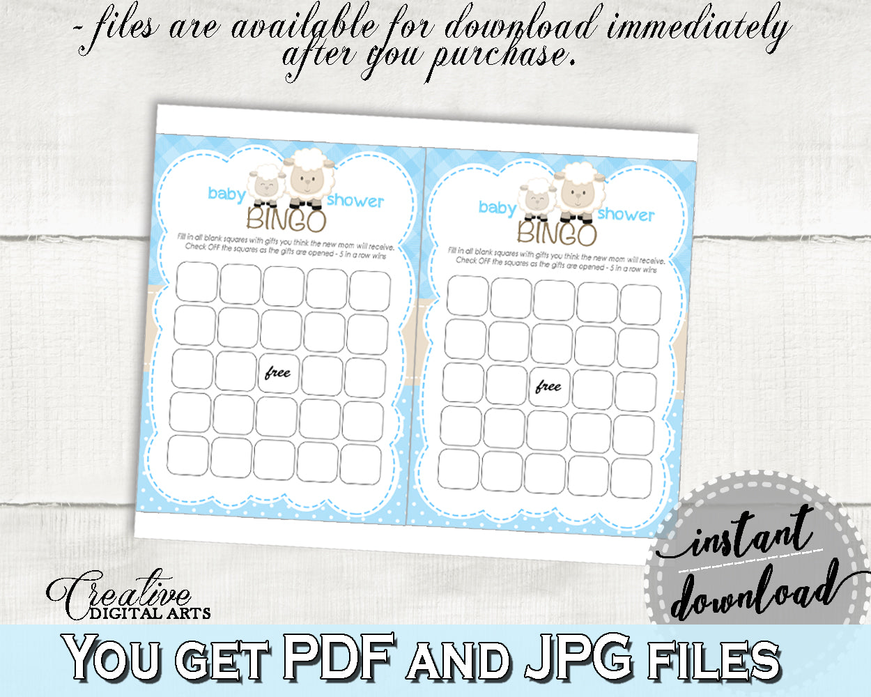 Blue Baby Shower Boy Little Lamb BINGO GIFT blank cards game, blue shower sheep theme, digital files Jpg Pdf, instant download - fa001