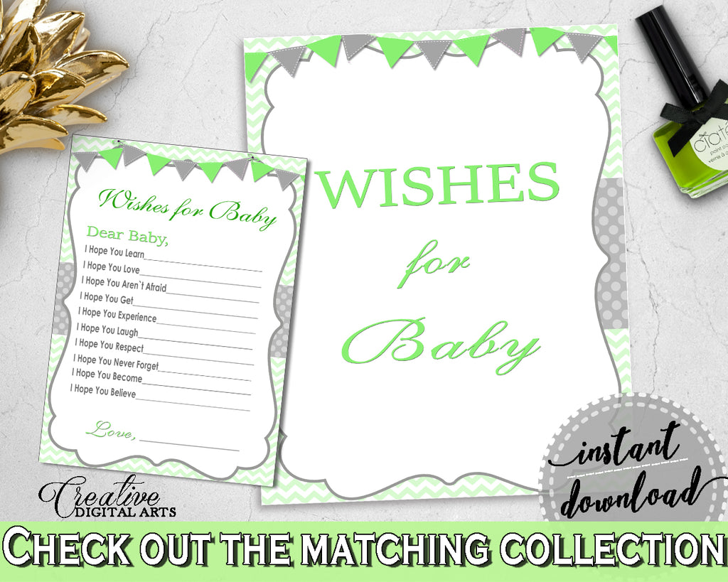 WISHES FOR BABY activity advice for baby girl boy shower with chevron green theme printable, Jpg Pdf, instant download - cgr01