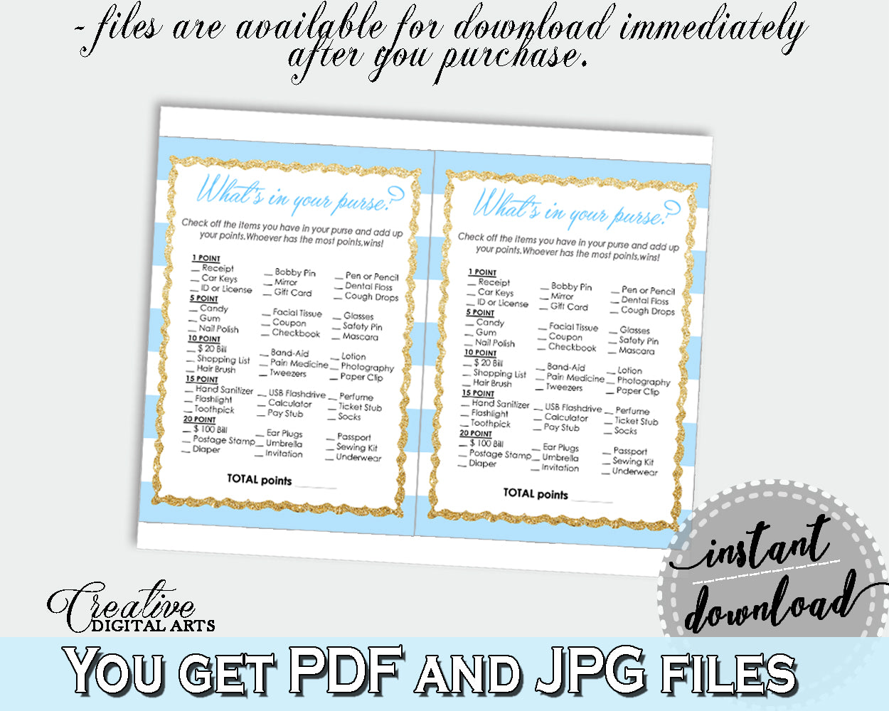 WHAT'S In YOUR PURSE printable baby shower game with blue and white stripes, digital Jpg Pdf, instant download - bs002