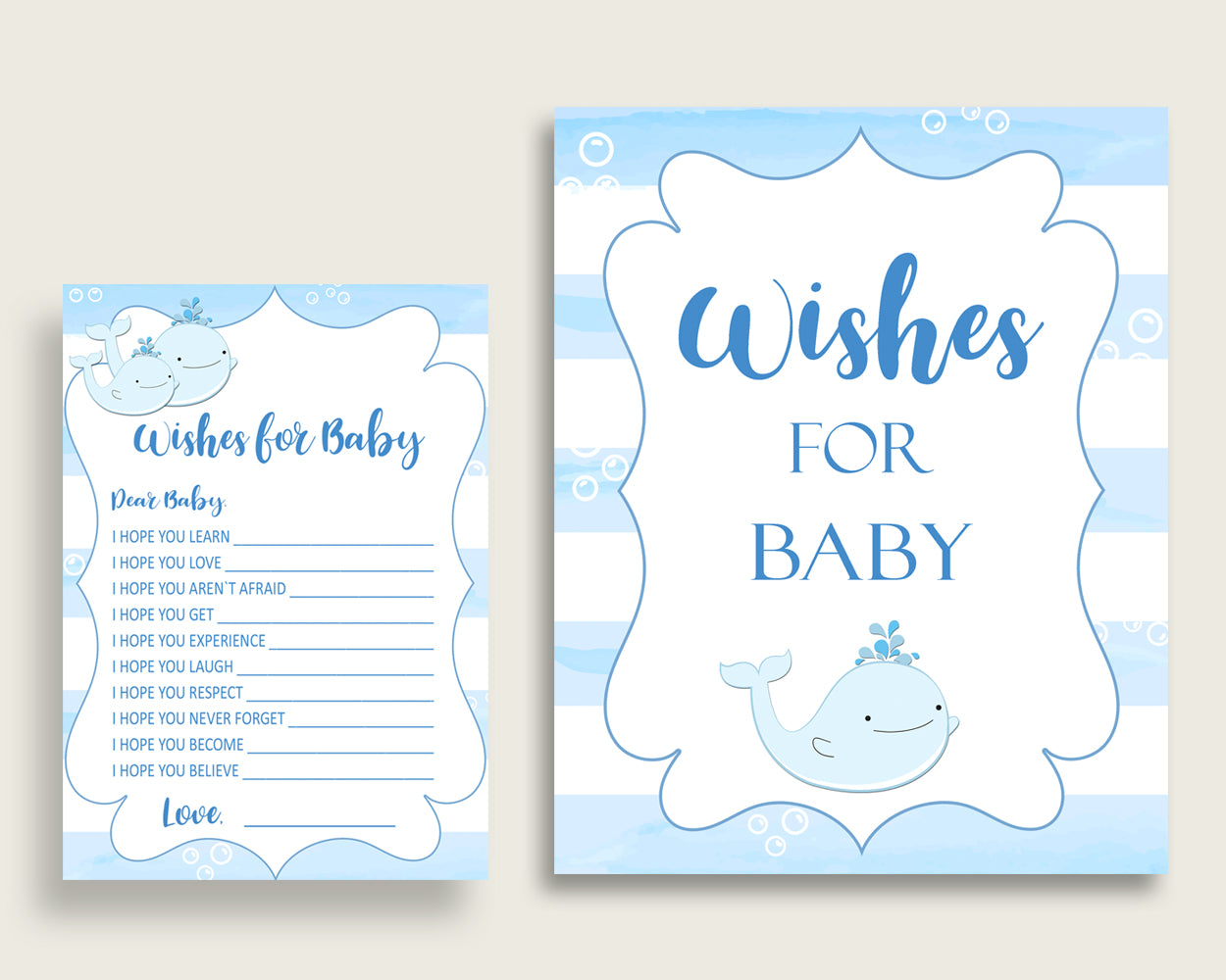 Blue White Wishes For Baby Cards & Sign, Whale Baby Shower Boy Well Wishes Game Printable, Instant Download, Watercolor Stripes Light wbl01