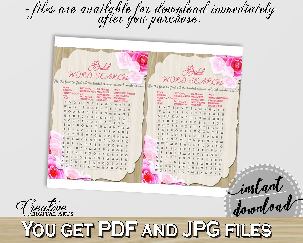 Pink And Beige Roses On Wood Bridal Shower Theme: Word Search - crossword puzzle, vintage roses, party decorations, party stuff - B9MAI - Digital Product