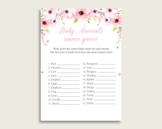 Flower Blush Name The Baby Animals Game Printable, Pink Green Baby Shower Animal Game, Girl Baby Shower, Instant Download, Watercolor, VH1KL