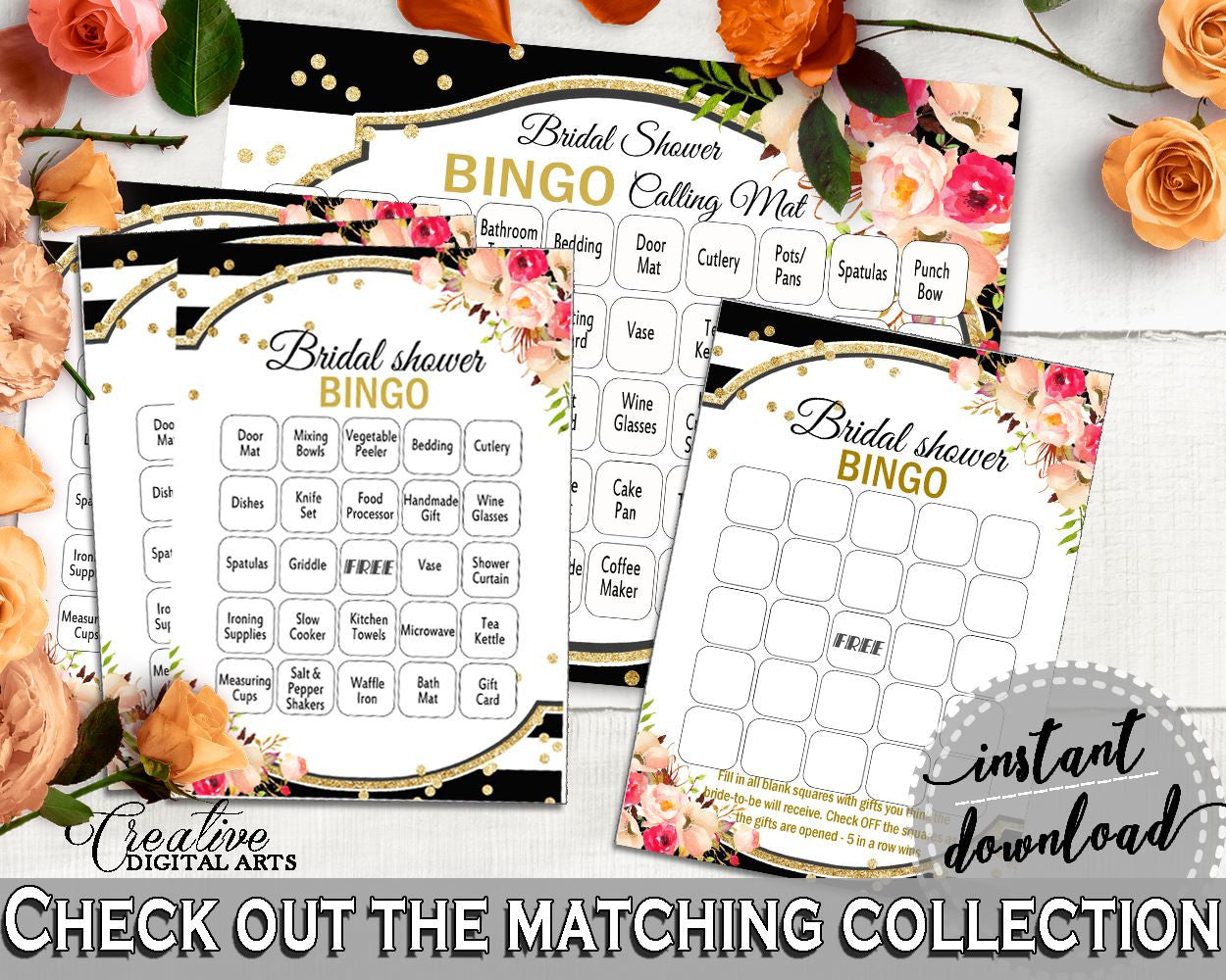 Flower Bouquet Black Stripes Bridal Shower Bingo 60 Cards in Black And Gold, pre-filled cards, classy bride, party ideas, prints - QMK20 - Digital Product