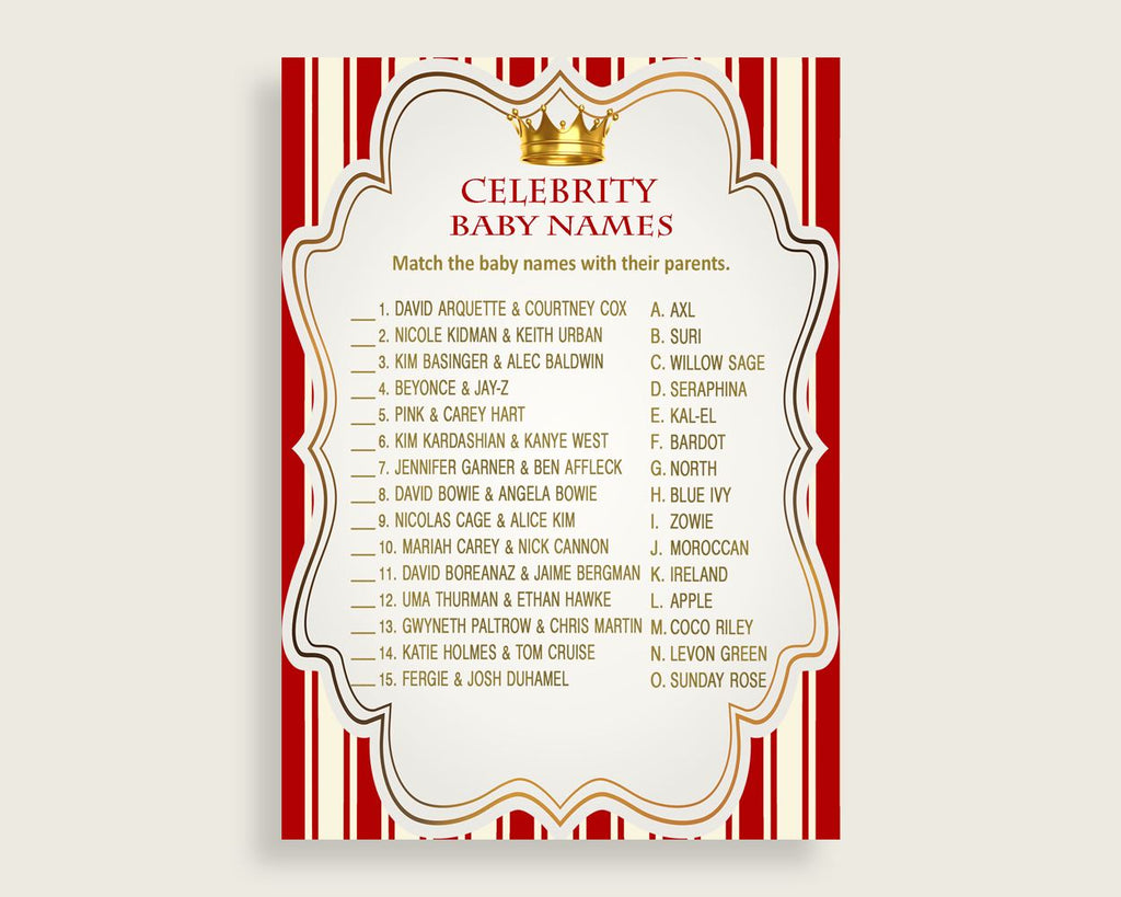 Red Gold Celebrity Baby Names, Prince Baby Shower Boy Name Game Printable, Celebrity Match Game, Famous Babies Game, Celebrity Parents 92EDX