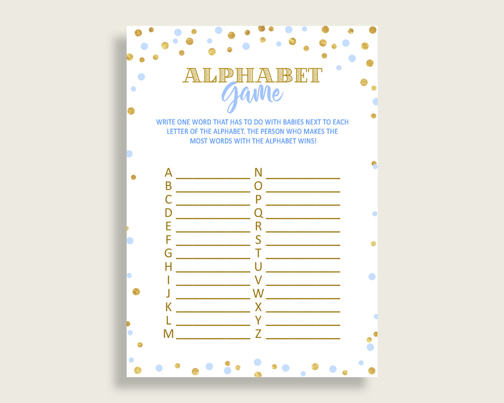 Alphabet Game Baby Shower Abc Game Confetti Baby Shower Alphabet Game Blue Gold Baby Shower Confetti Abc Game customizable files cb001