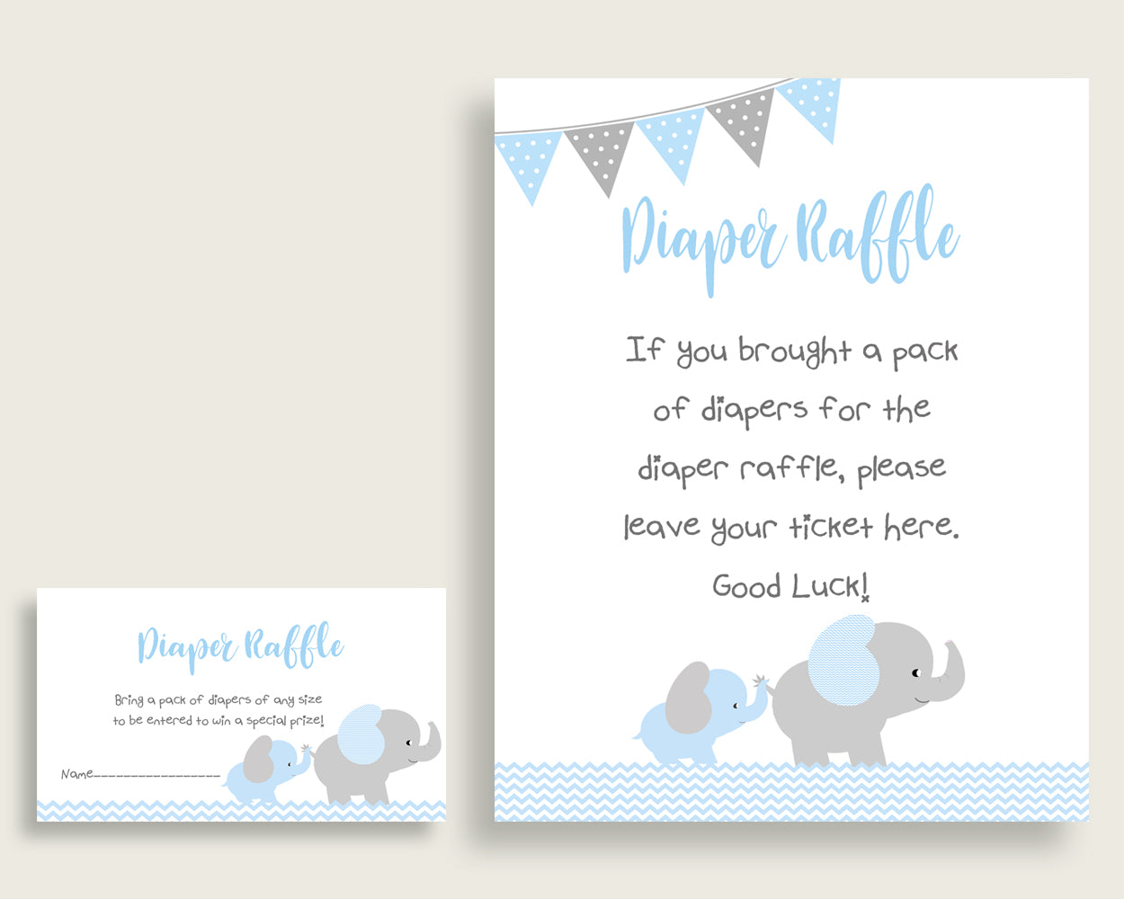 Elephant Baby Shower Diaper Raffle Tickets Game, Boy Blue Grey Diaper Raffle Card Insert and Sign Printable, Instant Download, 3.5x2", ebl02