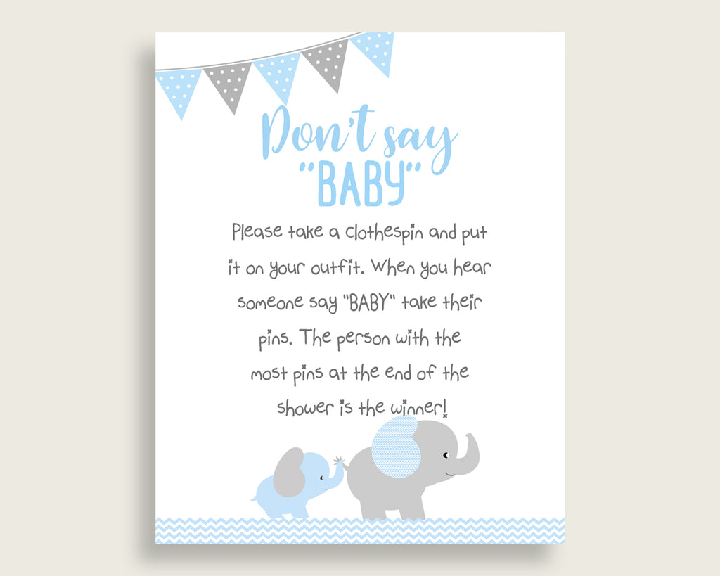 Blue Grey Don't Say Baby Printable Game, Boy Baby Shower Elephant Game Sign, Instant Download, 8x10, Chevron Theme Mammoth Trunk ebl02
