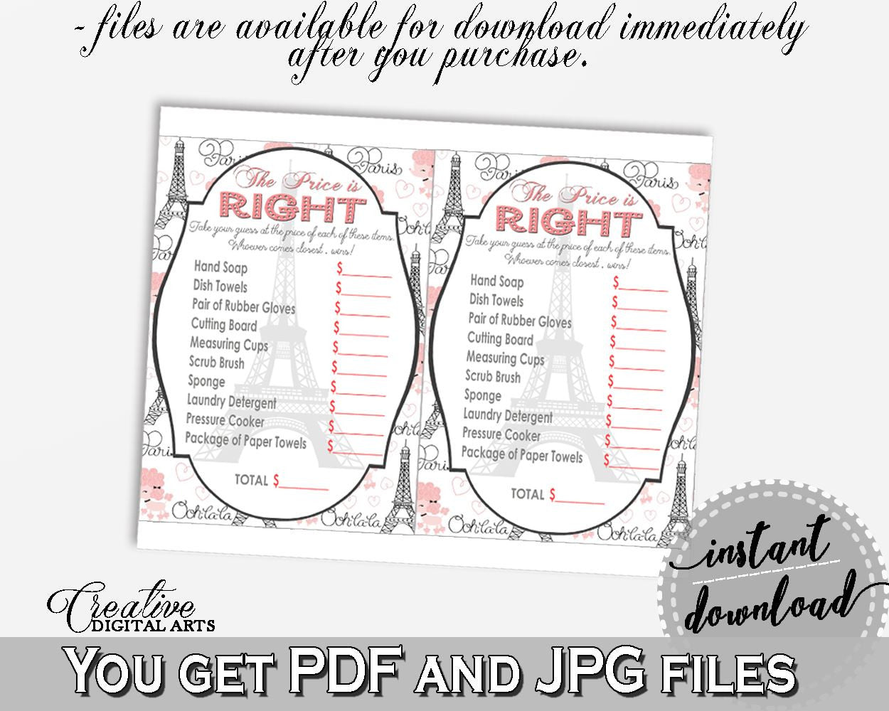 Paris Bridal Shower The Price Is Right Game in Pink And Gray, price game, parisian shower, printable files, customizable files - NJAL9 - Digital Product