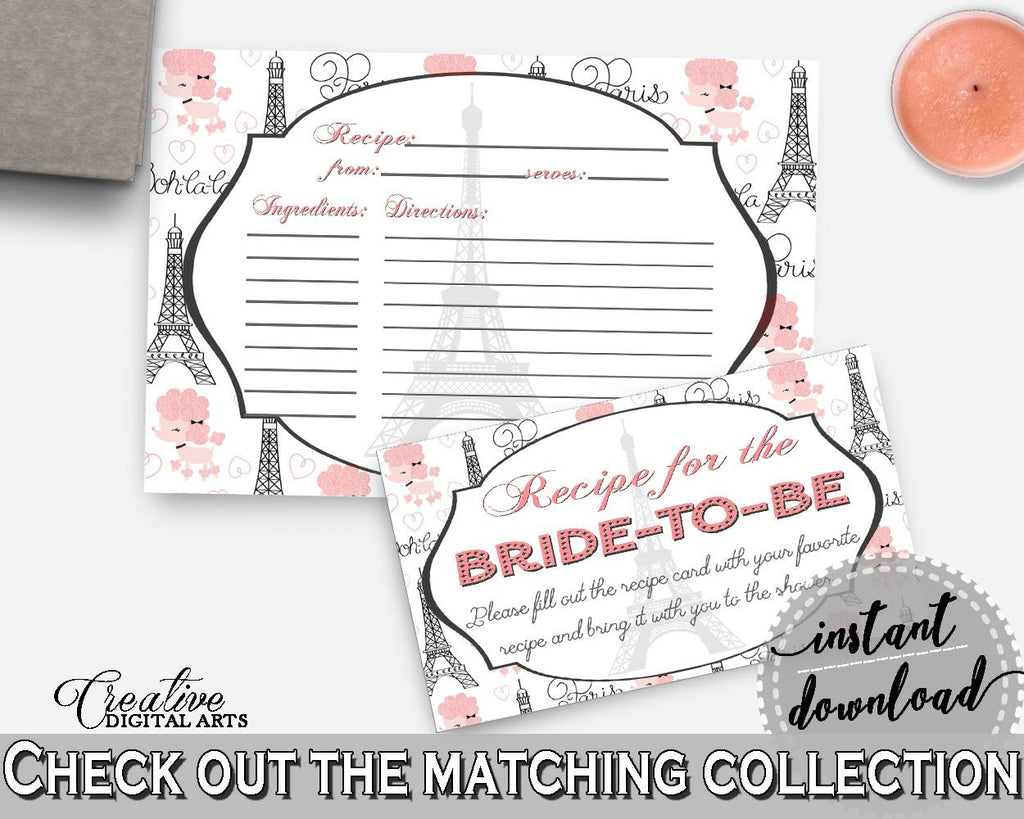 Paris Bridal Shower Recipe For The Bride To Be in Pink And Gray, shower recipe cards, parisian bridal, printable files, party theme - NJAL9 - Digital Product