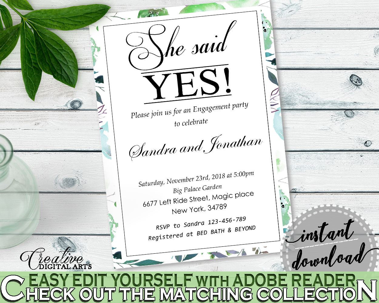 Invitation Template Bridal Shower Invitation Template Botanic Watercolor Bridal Shower Invitation Template Bridal Shower Botanic 1LIZN - Digital Product