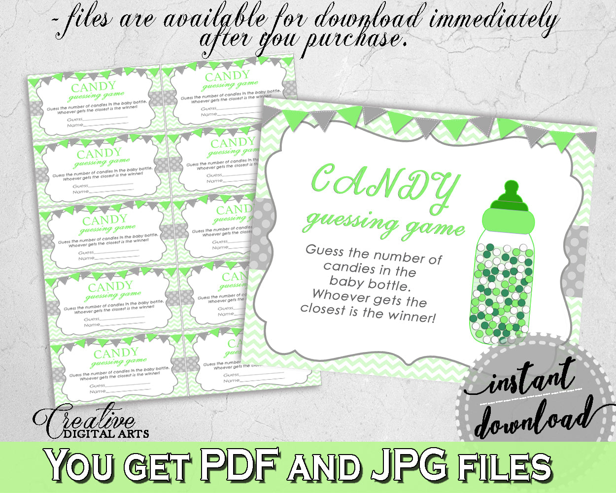 CANDY GUESSING GAME sign and tickets for baby shower with chevron green theme printable, Jpg Pdf, instant download - cgr01