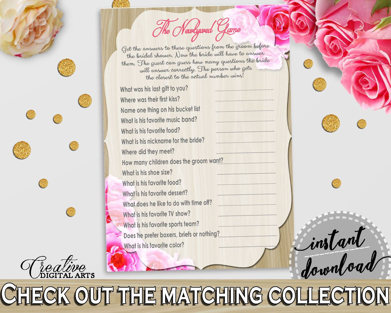 The Newlywed Game in Roses On Wood Bridal Shower Pink And Beige Theme, who knows groom best, shabby rose, digital print, party décor - B9MAI - Digital Product