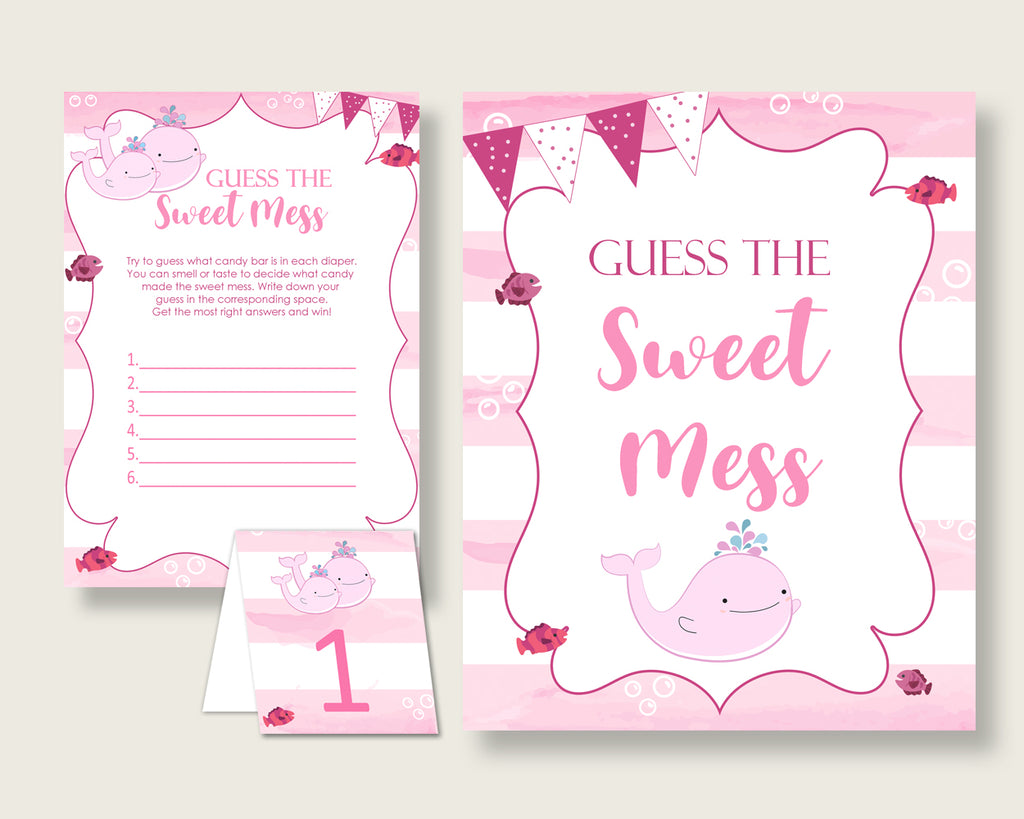 Pink Whale Guessing Game Baby Shower Girl, Pink White Guess The Sweet Mess Game Printable, Dirty Diaper Game, Instant Download, wbl02