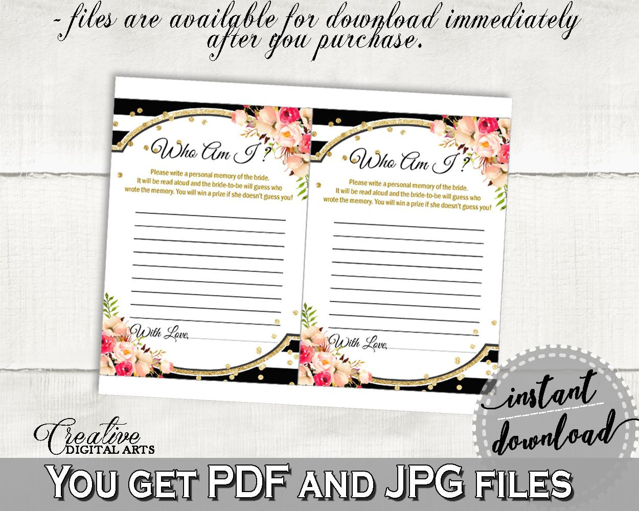 Flower Bouquet Black Stripes Bridal Shower Who Am I Game in Black And Gold, guessing trivia, black strips, party plan, party stuff - QMK20 - Digital Product