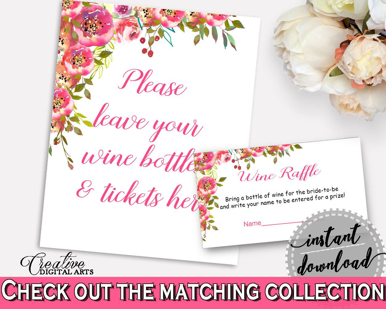 Wine Raffle Bridal Shower Wine Raffle Spring Flowers Bridal Shower Wine Raffle Bridal Shower Spring Flowers Wine Raffle Pink Green UY5IG - Digital Product