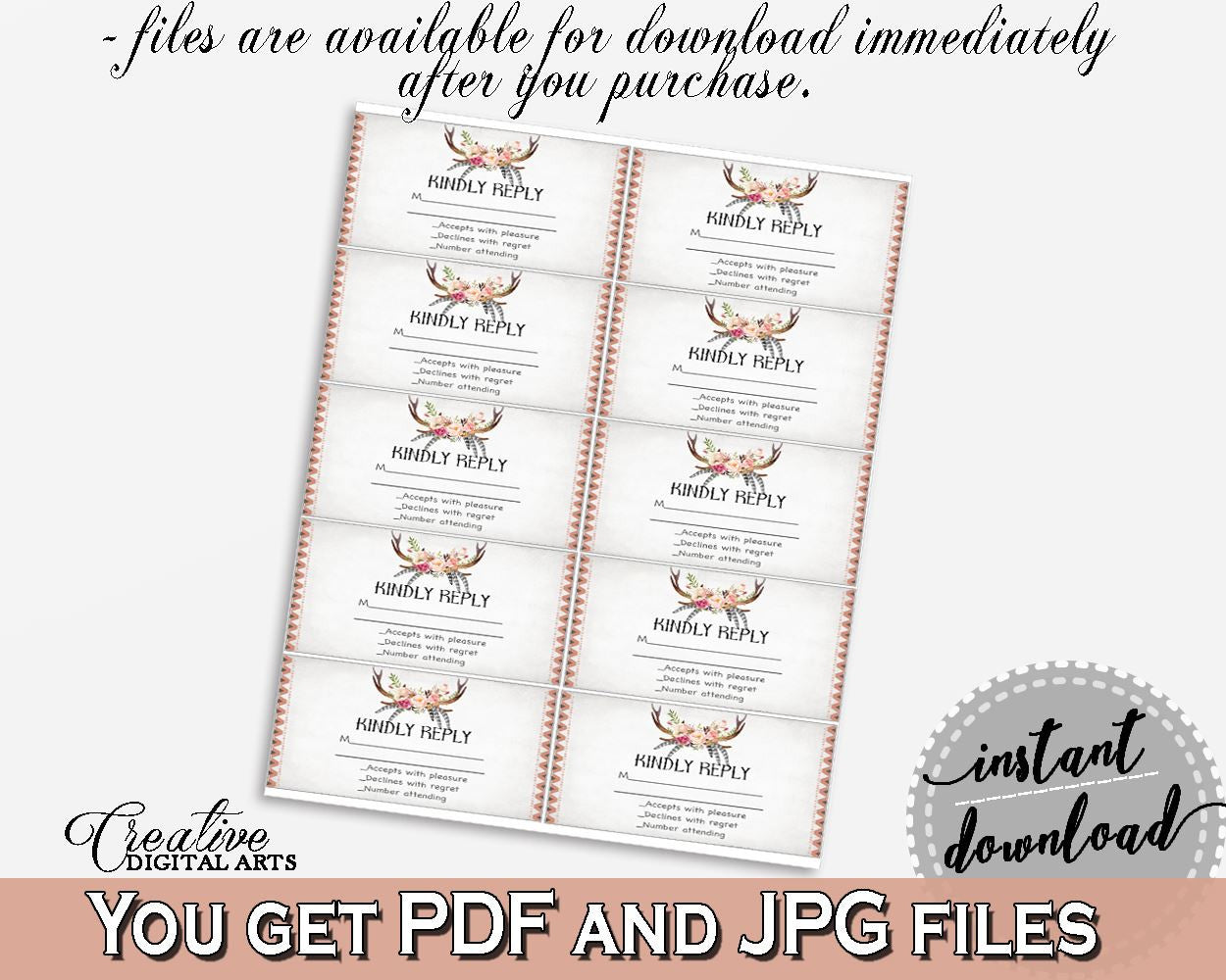 Antlers Flowers Bohemian Bridal Shower Invitation Insert Kindly Reply in Gray and Pink, answer ticket, blush pink, party decor - MVR4R - Digital Product