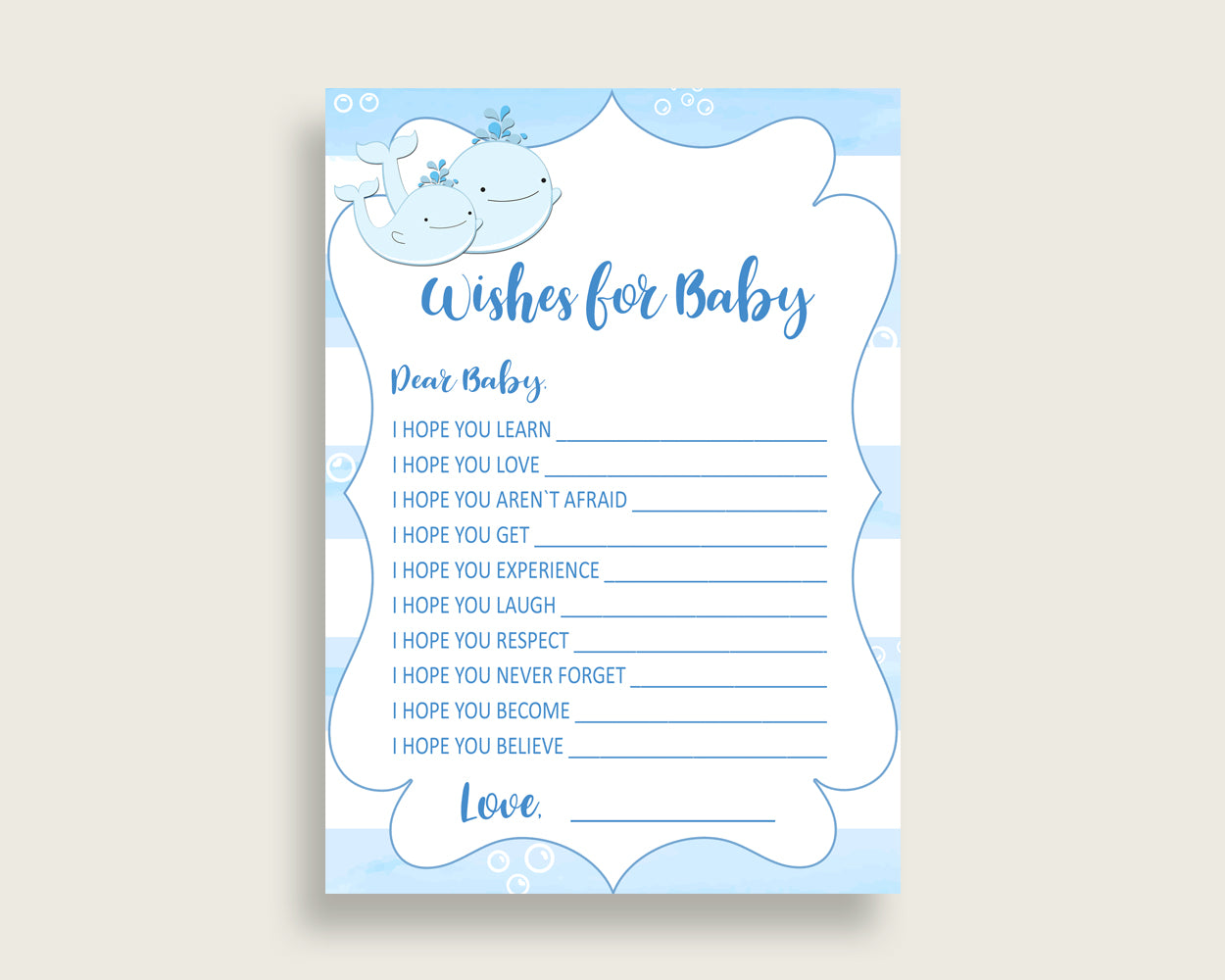 Blue White Wishes For Baby Cards & Sign, Whale Baby Shower Boy Well Wishes Game Printable, Instant Download, Watercolor Stripes Light wbl01