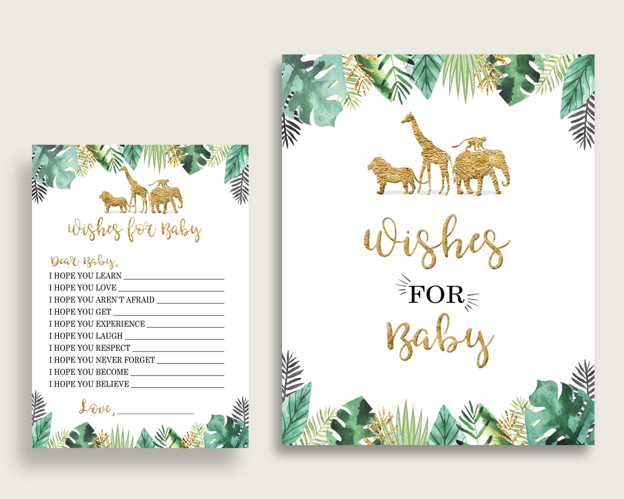 Gold Green Wishes For Baby Cards & Sign, Jungle Baby Shower Gender Neutral Well Wishes Game Printable, Instant Download, Cute Animals EJRED