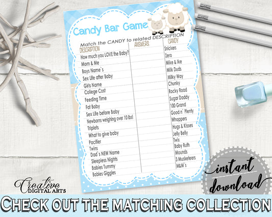 Little Lamb Boy Baby Shower CANDY BAR game printable, blue boy shower, sheep shower game, digital files, Jpg Pdf, instant download - fa001