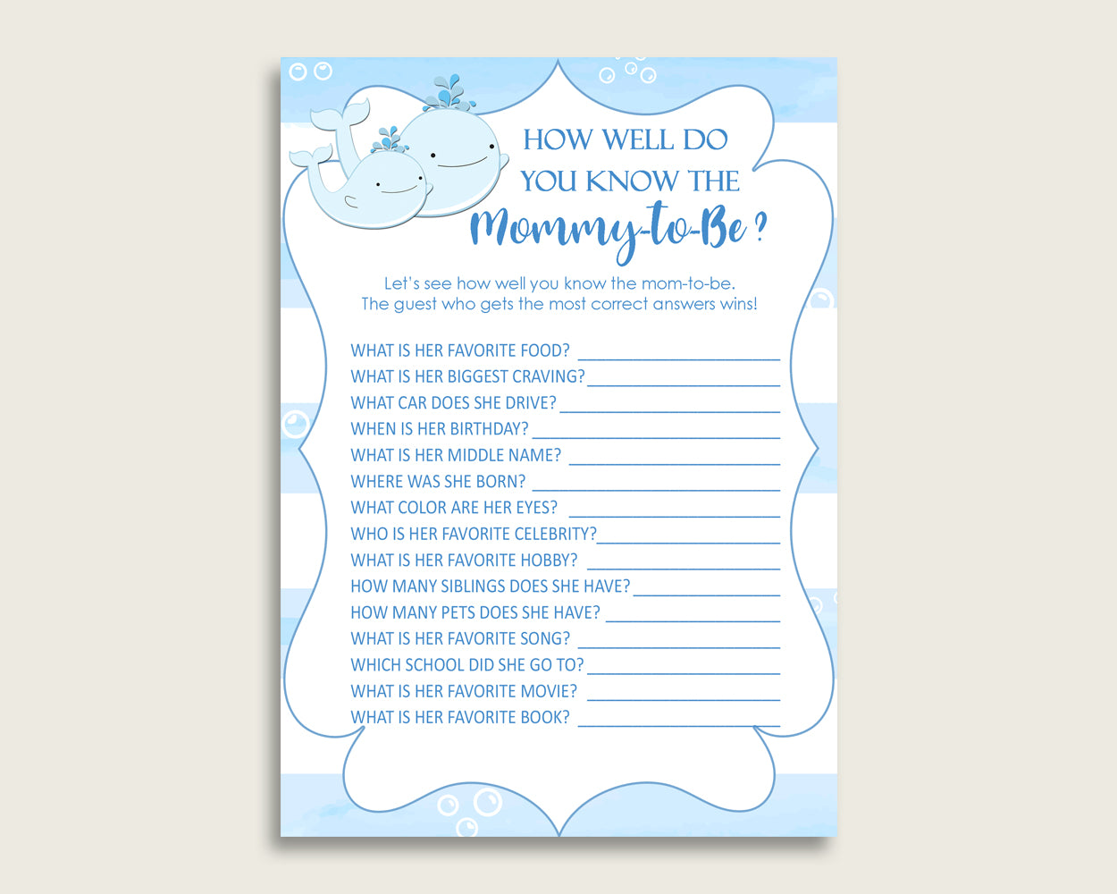 Blue White How Well Do You Know Mommy Game, Whale Baby Shower Boy, Who Knows Mommy Best Printable, Nautical Sea Summer Popular Theme wbl01