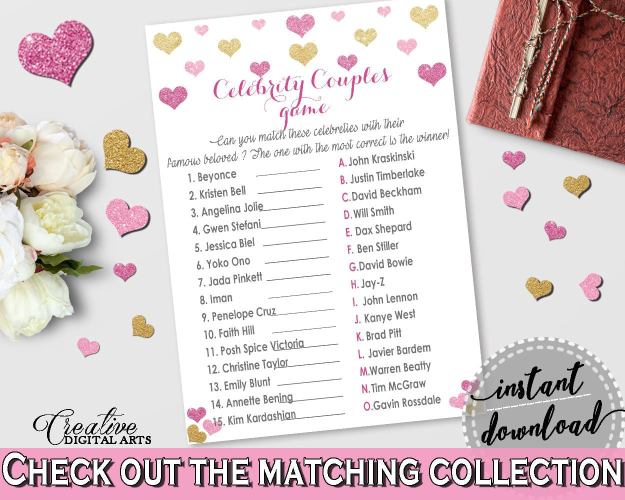 Glitter Hearts Bridal Shower Celebrity Couples Game in Gold And Pink, couples shower,  valentine shower, printable files, prints - WEE0X - Digital Product