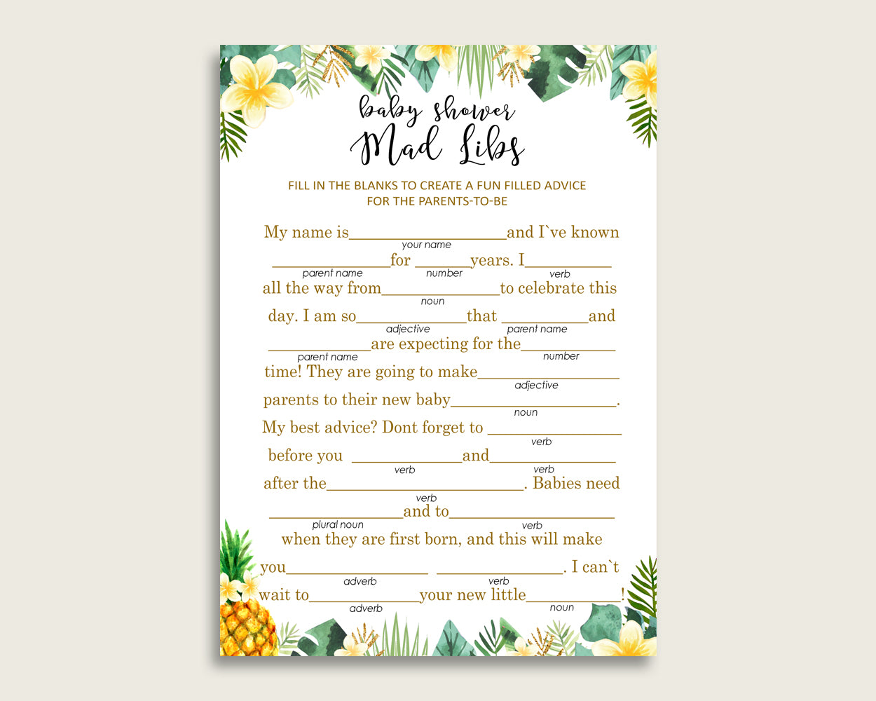 Green Yellow Mad Libs Baby Shower Gender Neutral Game Printable, Tropical Mad Libs Fun Activity, DIY digital file, Summer Themed Party 4N0VK